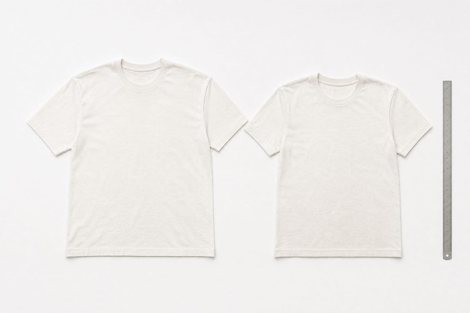 Two identical shirts beside a ruler, one slightly smaller after washing