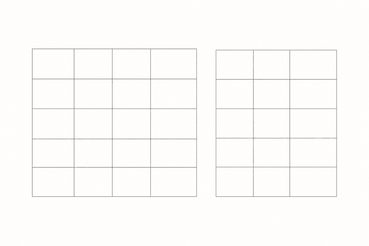 Two blank measurement tables side by side, the right one slightly narrower